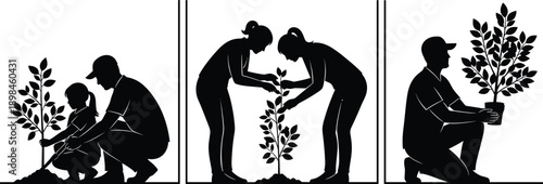 Black and white silhouette illustration of people planting trees and gardening in horizontal sequence for environmental conservation and sustainability concept,