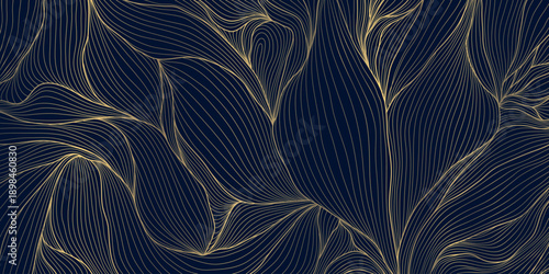 Elegant floral pattern, gold line art, dark background, leaves, flowers, flowing wave elements, Japanese and Chinese design. Vector illustration, botanical motifs, organic lines, luxury spa aesthetic.