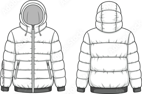 Front and back view of white puffer jacket illustration with hood, winter outerwear design mockup, insulated coat technical fashion drawing