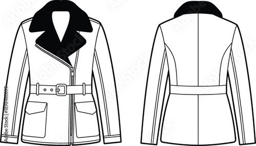Front and back view of women belted jacket illustration with wide collar, stylish outerwear fashion design, technical apparel drawing vector