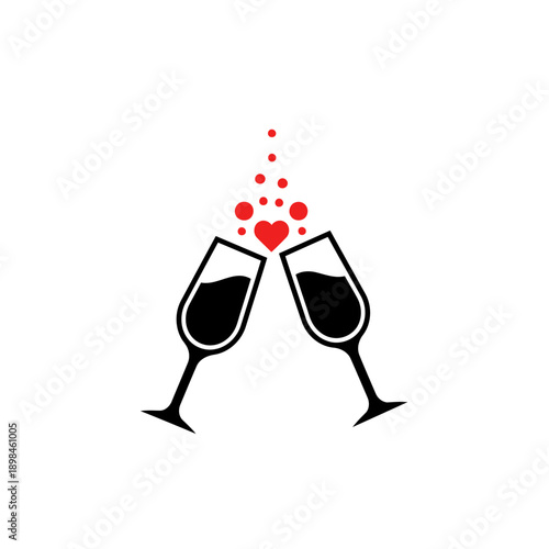 Couple clinking champagne glasses with heart bubbles