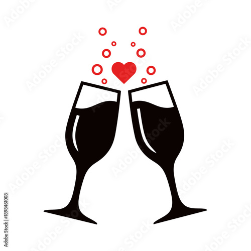 Champagne Toast With Red Heart And Bubbles