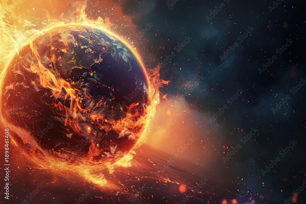 Fototapeta premium Earth is on fire planet space flame.