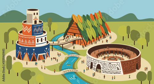 Ancient Colosseum Tower and Pyramid Illustration.