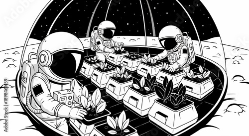 Astronauts in Space Suit Tending Plants.