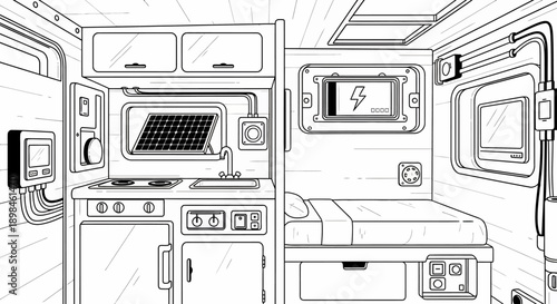 Camper Van Interior Design Sketch Illustration.