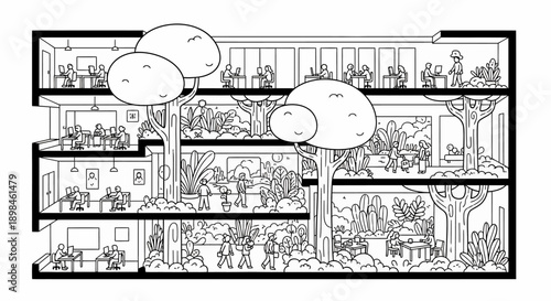 Detailed Black and White Building Illustration.