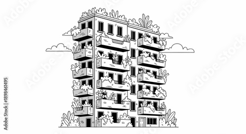 Detailed Black and White Building Illustration.