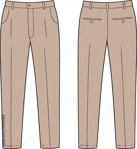 Technical flat vector illustration of classic slim fit trousers front and back views neutral color mens apparel design template