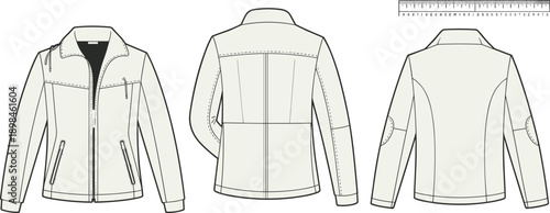 Technical fashion flat sketch vector illustration of women fitted jacket with front back and detail views outerwear apparel design templateTechnical fashion flat sketch vector 