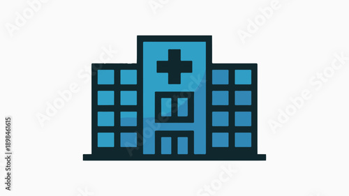 Minimalist Blue and Navy Hospital Building Icon with Medical Cross Symbol.