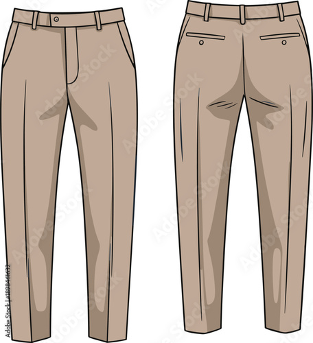 Technical flat vector illustration of classic slim fit trousers pants front and back views modern mens fashion apparel template