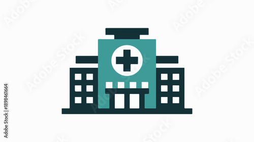 Minimalist Blue and Navy Hospital Building Icon with Medical Cross Symbol.