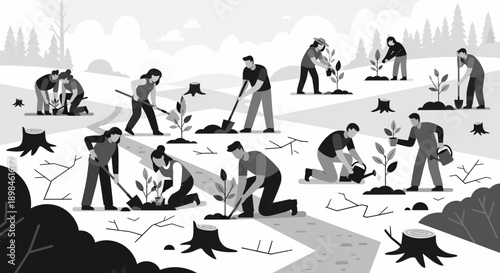 Men Planting Trees in a Field.