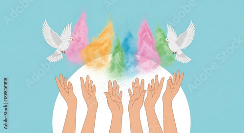 Diverse Hands Reaching Up towards Colorful Birds and Clouds