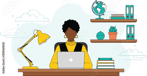 Flat Design Illustration of Black Woman Working on Laptop at Minimalist Desk With Yellow Lamp Books and Floating Office Shelves