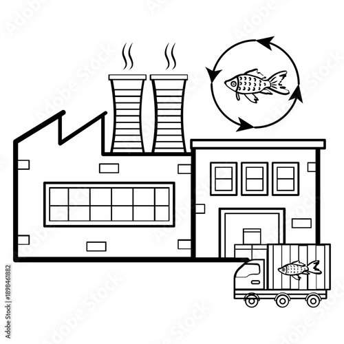 Seafood Manufacturing Facility concept, Industrial Fish Processing Cycle vector icon design, Aquaculture and aquafarming stock illustration