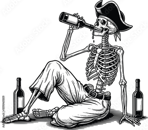 Vintage Hand Drawn Vector Illustration of a Pirate Skeleton Sitting and Drinking Wine with Bottles in a Black and White Style