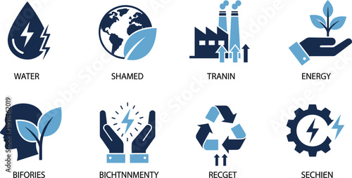 Blue and navy green ecology icon set featuring hydro power global sustainability factory emissions renewable energy recycling symbols and environmental conservation concepts for business.
