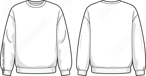 Technical line art vector illustration of classic crew neck sweatshirt front and back views long sleeve apparel fashion template