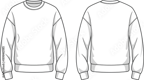 Technical line art vector illustration of classic crew neck sweatshirt front and back views long sleeve apparel design template