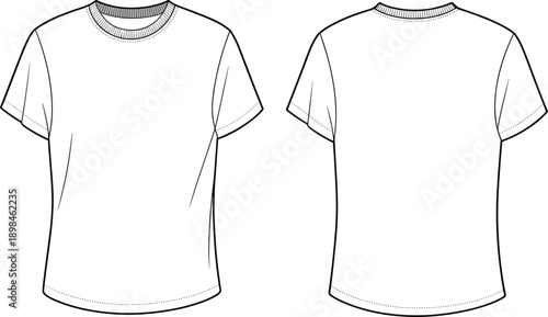 Technical line art vector illustration of classic crew neck t shirt front and back views apparel fashion design template