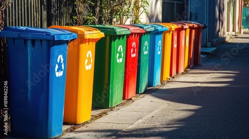 A row of colorful dustbins lines a residential alleyway with recycling symbols clearly marked and early morning sunlight casting long shadows