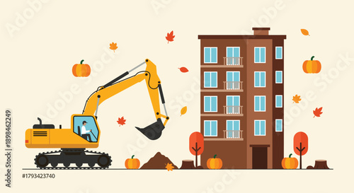Flat minimalist construction illustration featuring a yellow excavator, five story brown apartment building, autumn leaves, pumpkins, and fall seasonal urban development.
