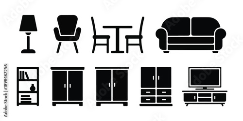 Set of Minimalist Black Silhouette Icons for Home Living and Storage Furniture.