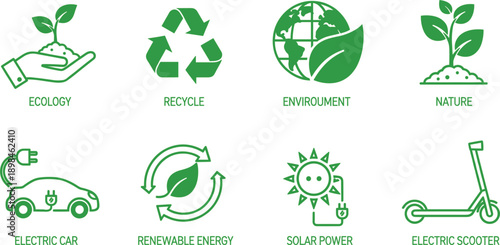 Professional green ecology icon set featuring renewable energy symbols, electric car, solar power, recycling sign, nature conservation, sustainable transport, and environmental protection concepts.