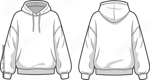 Technical line art vector illustration of classic pullover hoodie sweatshirt front and back views casual streetwear apparel template