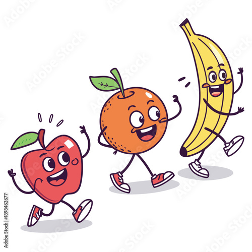 Cartoon anthropomorphic fruits running apple