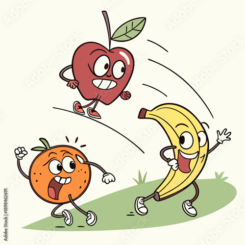 Cartoon anthropomorphic fruits running on grass apple