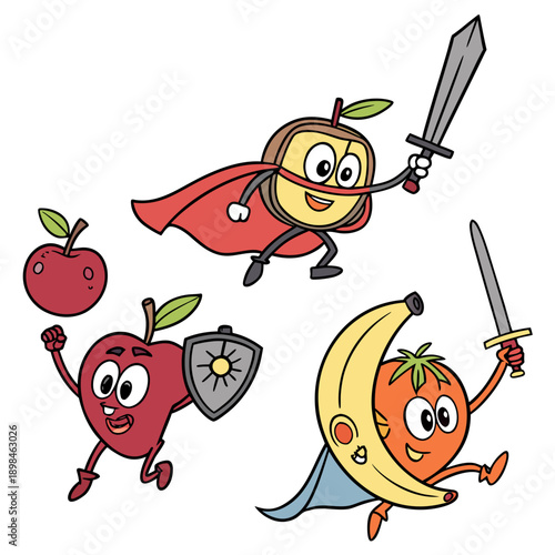 Cartoon fruits as superheroes with swords and shield
