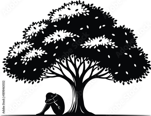 Minimalist Black and White Silhouette Illustration of a Person Sitting Alone Under a Large Tree, Solitude, Loneliness, Introspection, Mental Health Concept