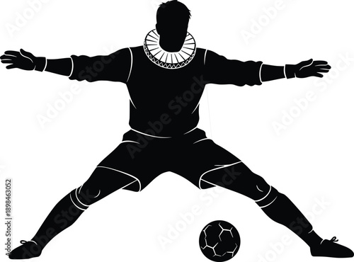 Minimalist Black and White Silhouette of Soccer Player Wearing Elizabethan Ruff Collar in Defensive Goalkeeper Stance With Ball on White Background
