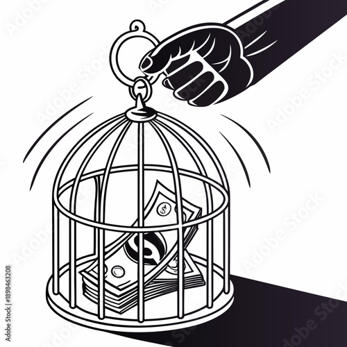 Black and white of a symbolic power hand gripping a cage with money