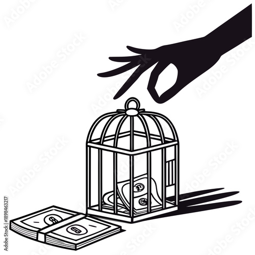 Black and white of hand reaching for closed cage with money inside and bills outside