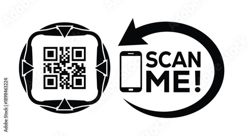 Black and white QR code with bold "SCAN ME" text, smartphone icon, and curved arrow—ideal for mobile interaction, digital marketing, and tech-themed promotional materials.