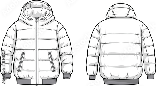 Technical line art vector illustration of hooded puffer jacket front and back views winter quilted outerwear apparel template