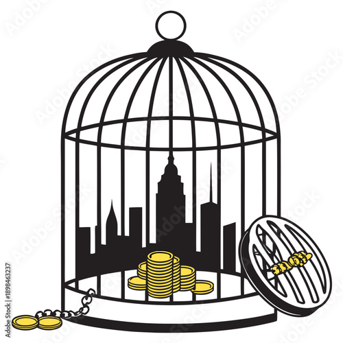 Black birdcage with gold coins and city skyline silhouette
