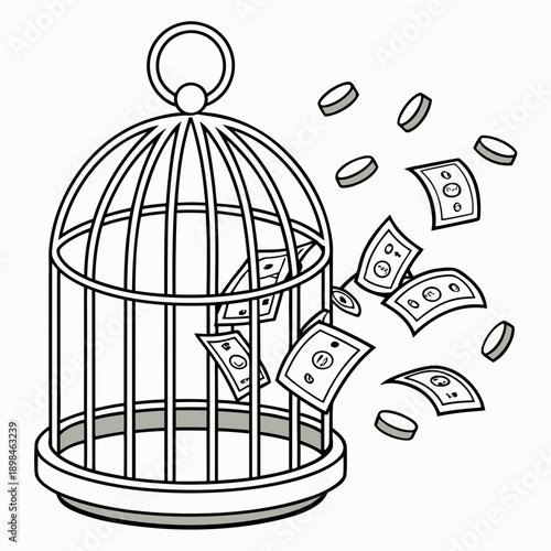 Black and white of open birdcage with money escaping