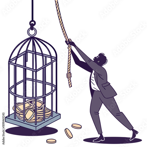 Businessman pulling rope to open suspended cage filled with gold coins