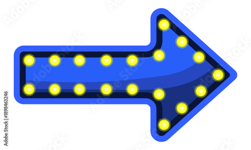 Vibrant Blue Marquee Arrow Sign with Glowing Yellow Light Bulbs Indicating Direction and Movement