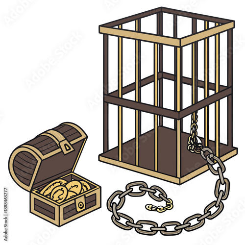 Brown cage with gold accents and chain next to open treasure chest