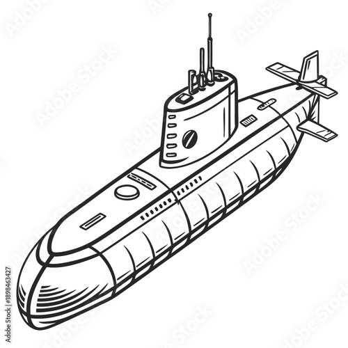 Black and white isometric submarine with conning tower and propeller