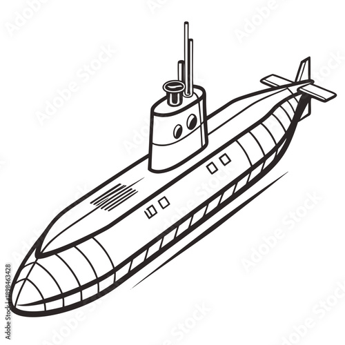 Black and white isometric submarine with conning tower and periscope
