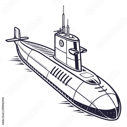 Black and white of a combat submarine with conning tower and periscope