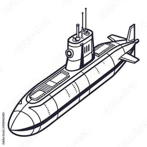 Black and white of a submarine with conning tower and periscope 1