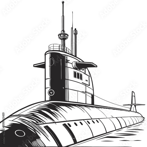 Black and white of a naval submarine with conning tower and periscope